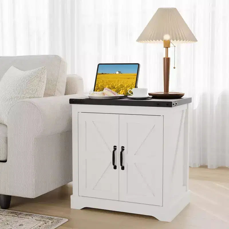 GustoWave 24 Farmhouse End Table | Rustic Sofa Side Table with Barn Door & Adjustable Shelf | for Living Room Bedroom - Antique White