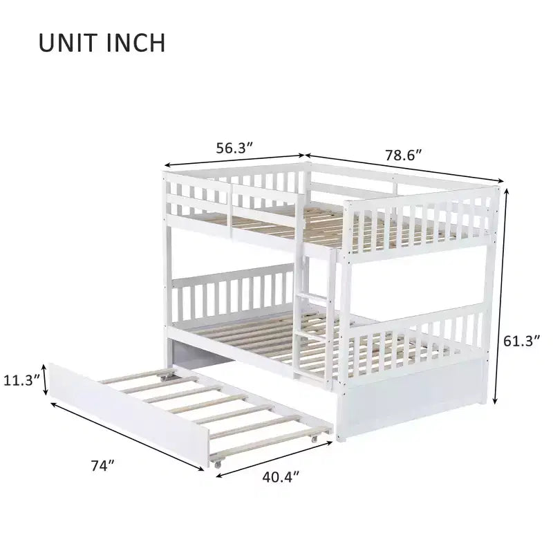 Lit superposé complet en bois d'hévéa avec lit gigogne et échelle