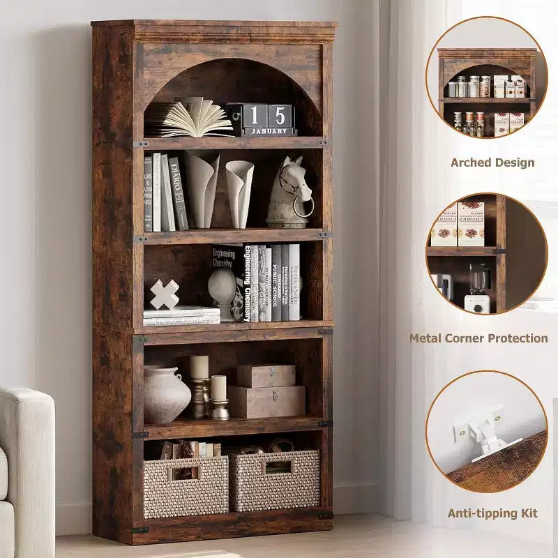 Bibliothèque en bois à 5 niveaux avec arceau de ferme