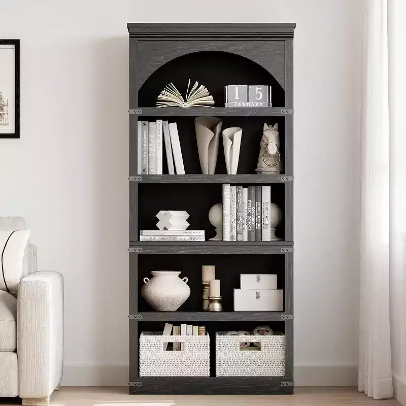 COZONY 69 Farmhouse Arched Bookshelf 5-Tier Wooden Bookcase with Arch Design 5 Shelfs for Living Room & Office