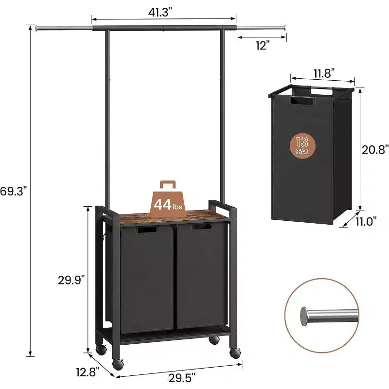 Chariot de tri de linge avec étagère et tringle de suspension, panier à linge roulant à 2/3/4 sections
