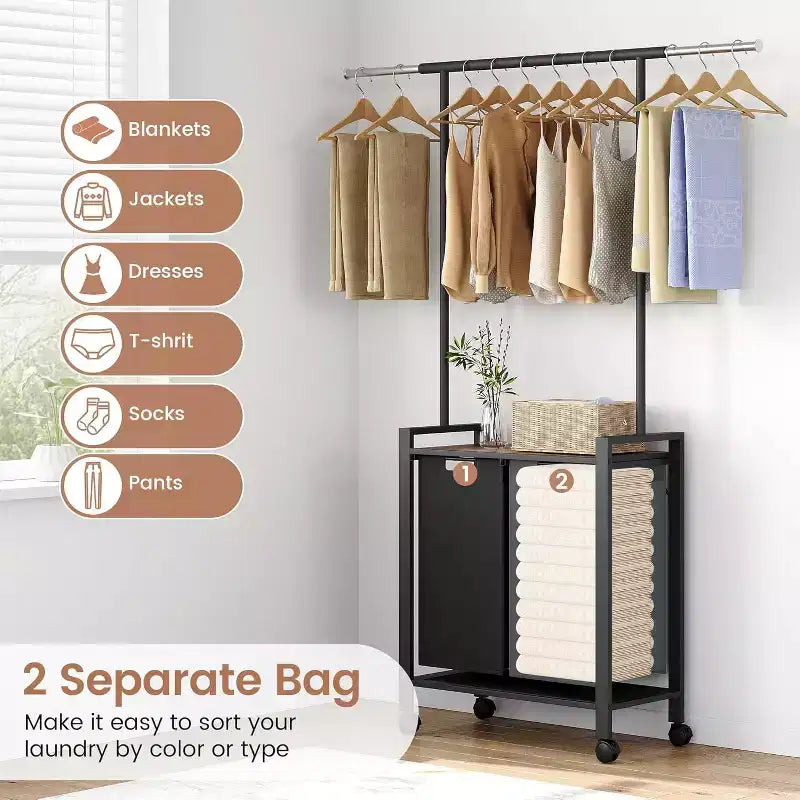 Chariot de tri de linge avec étagère et tringle de suspension, panier à linge roulant à 2/3/4 sections
