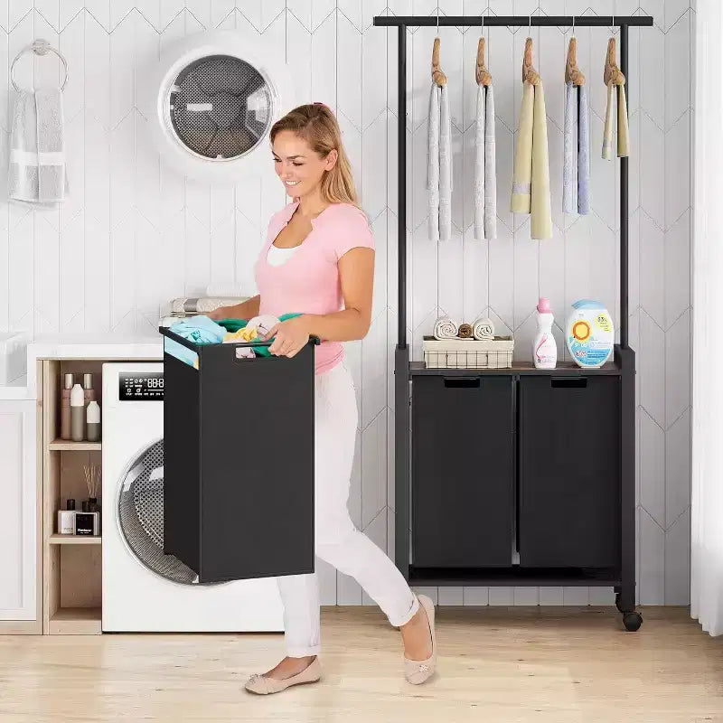 Chariot de tri de linge avec étagère et tringle de suspension, panier à linge roulant à 2/3/4 sections