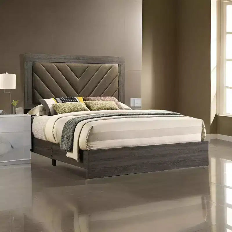Royal Hampton Upholstered Queen Size Bed Chevron Tufted Brown Headboard Dark Gray