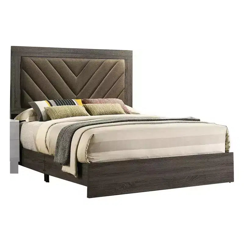 Lit queen-size capitonné chevrons avec tête de lit marron foncé