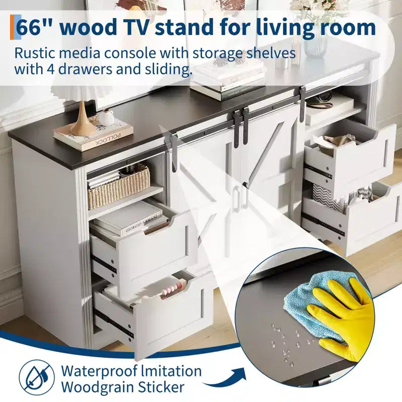 Meuble TV de ferme avec 4 tiroirs et 2 portes coulissantes de style grange