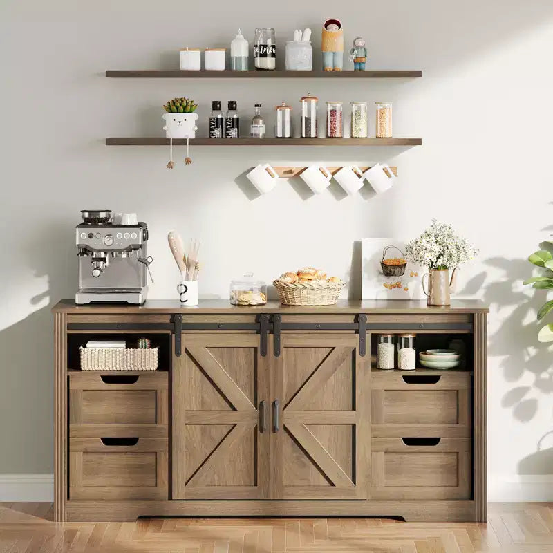 66 Farmhouse TV Stand for Up to 70 Inch TV 32 Tall Entertainment Center with 4 Drawers & 2 Sliding Barn Doors for Living Room Office