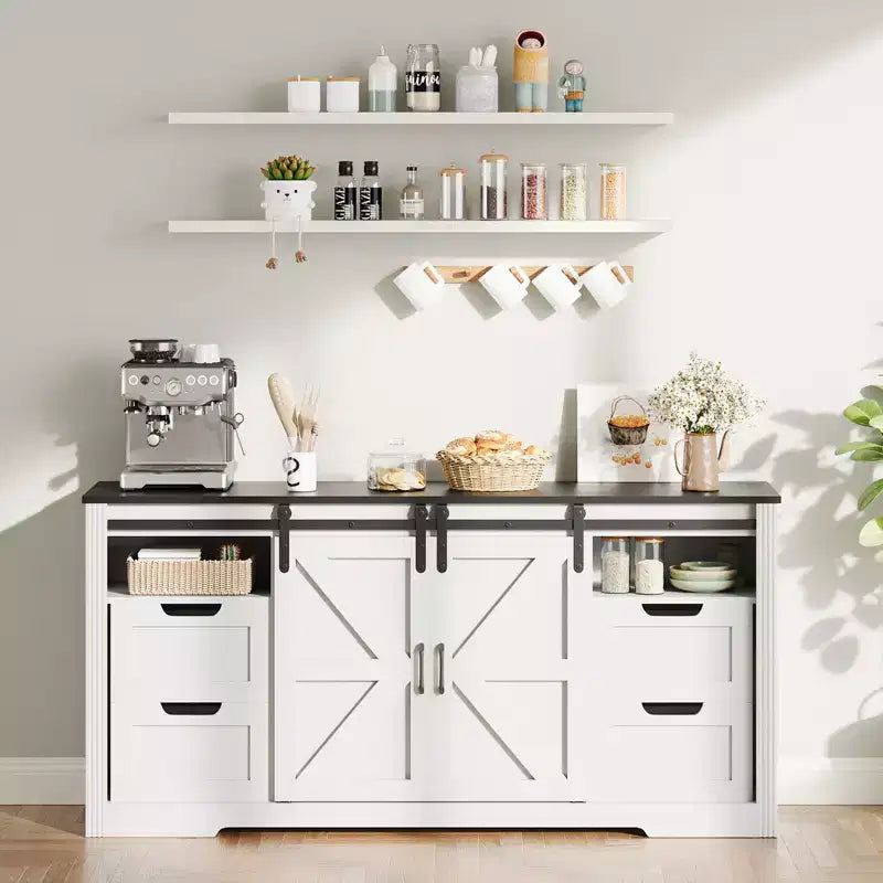Meuble TV de ferme avec 4 tiroirs et 2 portes coulissantes de style grange
