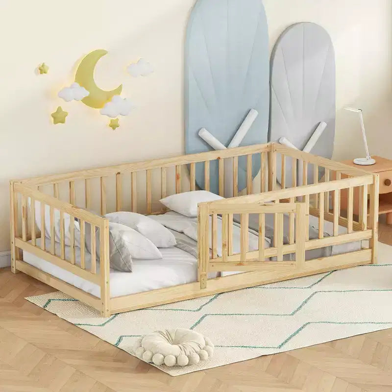 Bellemave Montessori Floor Bed with Slats Solid Wood Kids Bed with Fence & Door Twin/Full Safe Play & Sleep Bed No Box Spring Needed