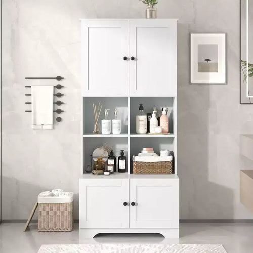 Okak 67 Inch Tall Bathroom Storage Cabinet Large Freestanding Storage Cabinet with 4 Doors and Open Shelves