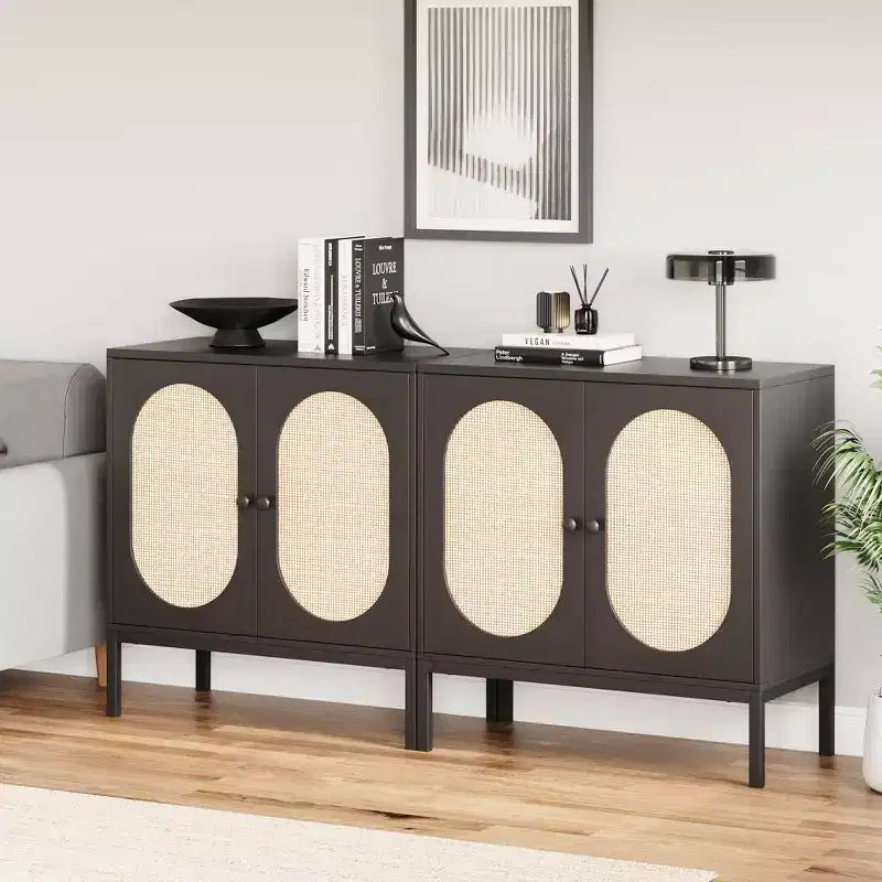 COZONY Woven Rattan Sideboards Kitchen Cabinet with 2 Doors & Adjustable Shelves Storage Cabinet with Worktop for Kitchen Living Room Hallway