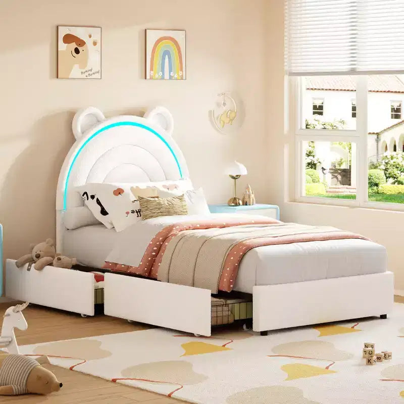Cadre de lit double avec 4 tiroirs de rangement et lumières LED Lit plateforme rembourré