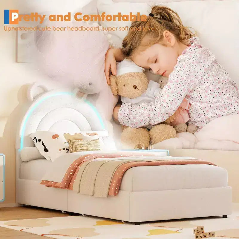 Cadre de lit double avec 4 tiroirs de rangement et lumières LED Lit plateforme rembourré