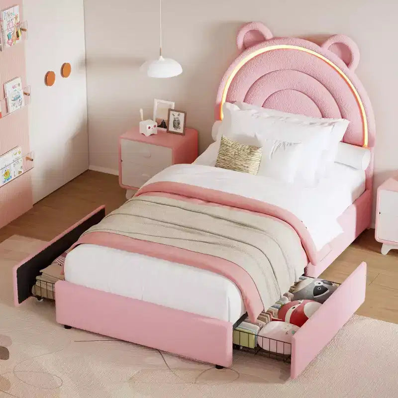 Twin Size Bed Frame with 4 Storage Drawers & LED Lights Upholstered Platform Bed with Headboard for Kids Wood Slats Support No Box Spring Needed