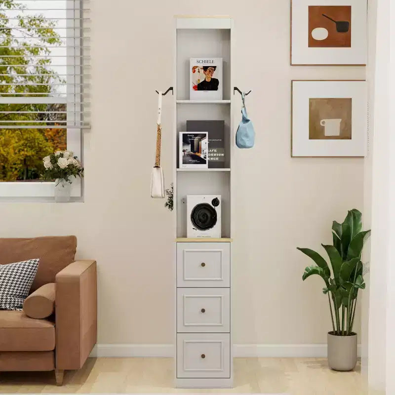 GDFStudio Jett 73 Modern 3-Tier Tall Storage Cabinet with 3 Drawers and 2 Hooks