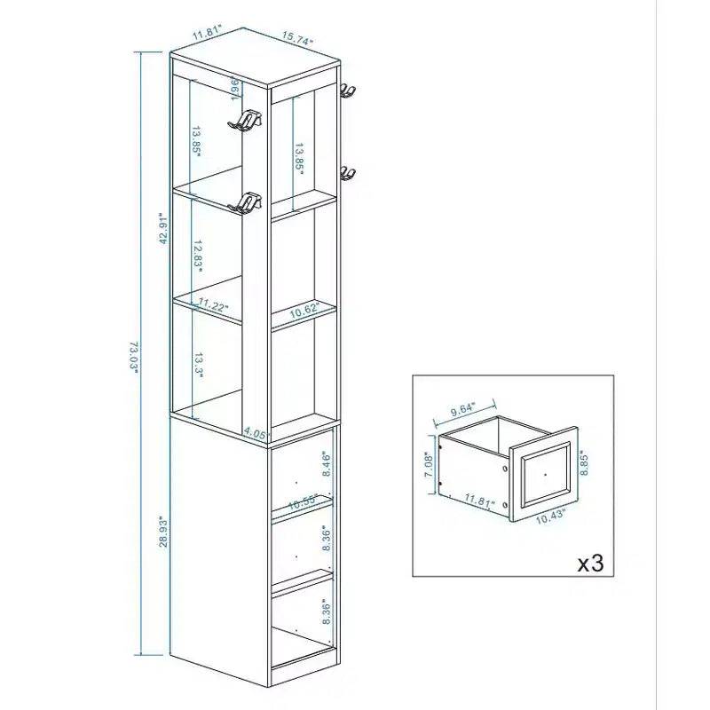 Meuble de rangement haut moderne à 3 niveaux avec 3 tiroirs et 2 crochets