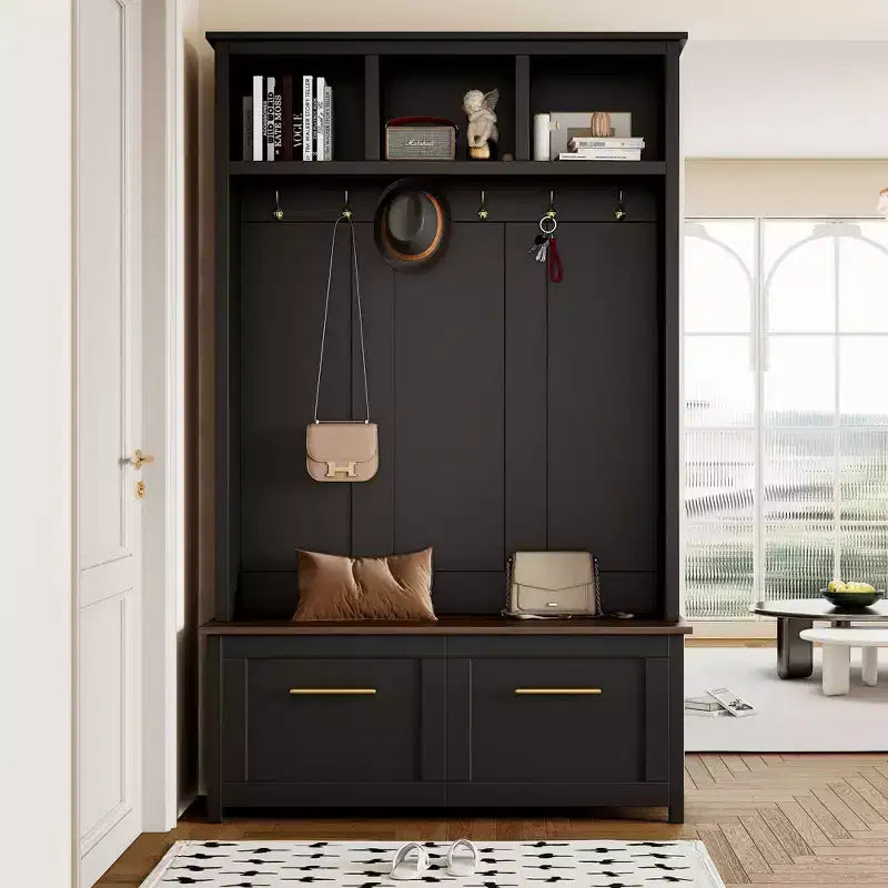 Okak Versatile Hall Tree with 6 Golden Hooks Coat Rack with Wood Grain Bench and Multiple Storage Space Coat Tree for Living Room Hallway Black
