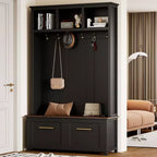 Porte-manteau d'entrée polyvalent avec banc effet bois et multiples espaces de rangement