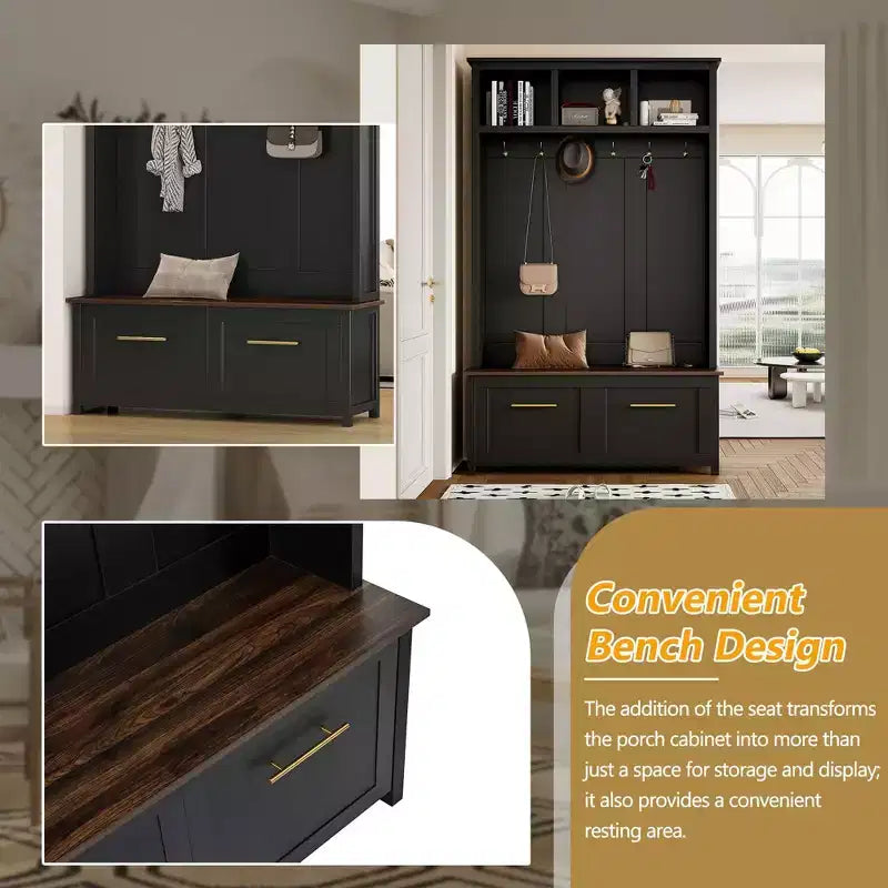 Porte-manteau d'entrée polyvalent avec banc effet bois et multiples espaces de rangement