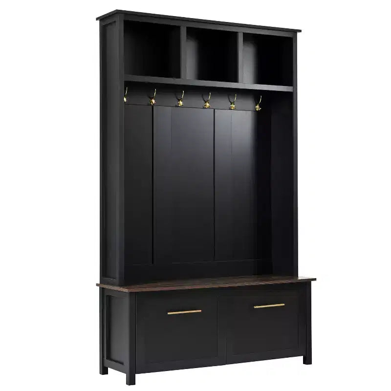 Porte-manteau d'entrée polyvalent avec banc effet bois et multiples espaces de rangement