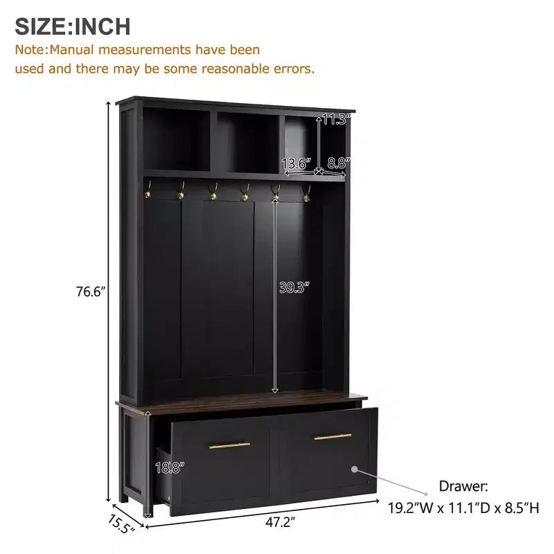 Porte-manteau d'entrée polyvalent avec banc effet bois et multiples espaces de rangement