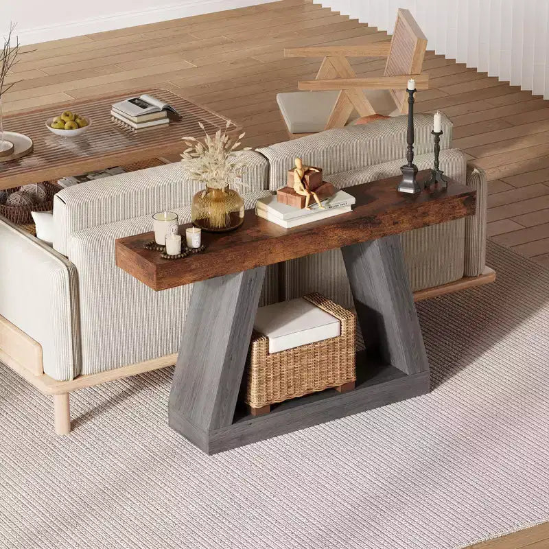 Table console de style ferme à 2 niveaux avec étagères de rangement ouvertes