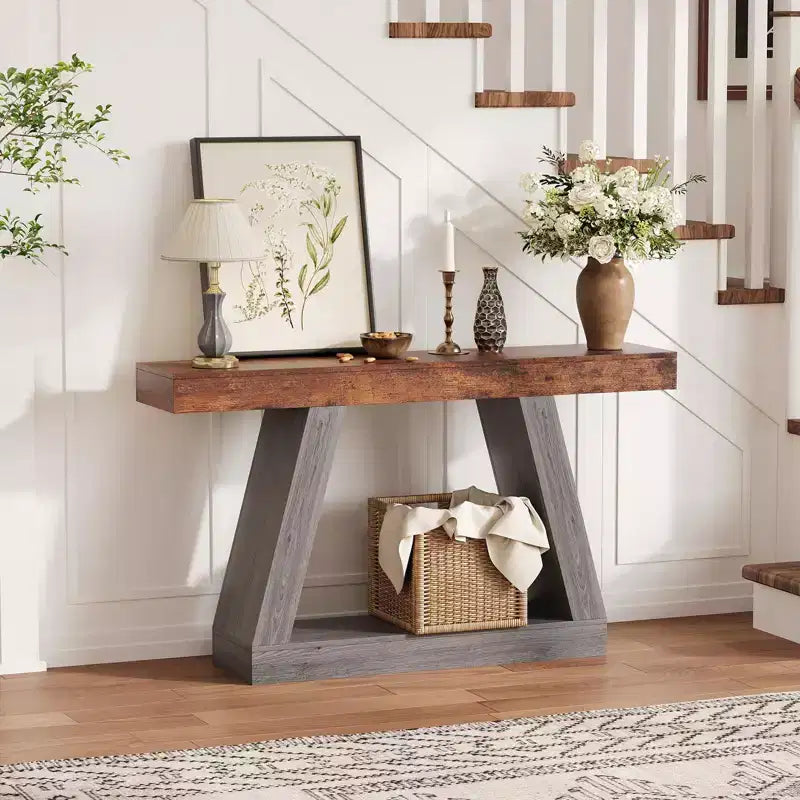 Table console de style ferme à 2 niveaux avec étagères de rangement ouvertes