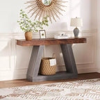 Table console de style ferme à 2 niveaux avec étagères de rangement ouvertes