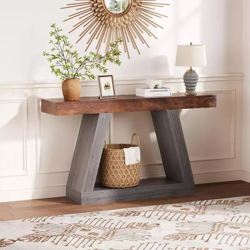Table console de style ferme à 2 niveaux avec étagères de rangement ouvertes