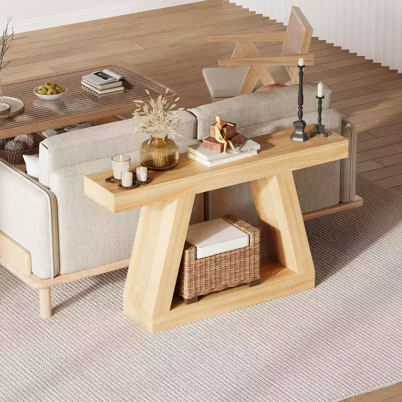 Table console de style ferme à 2 niveaux avec étagères de rangement ouvertes