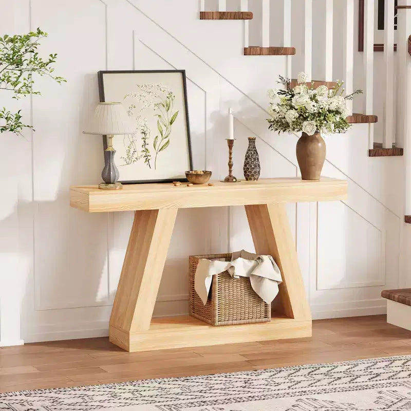 Table console de style ferme à 2 niveaux avec étagères de rangement ouvertes