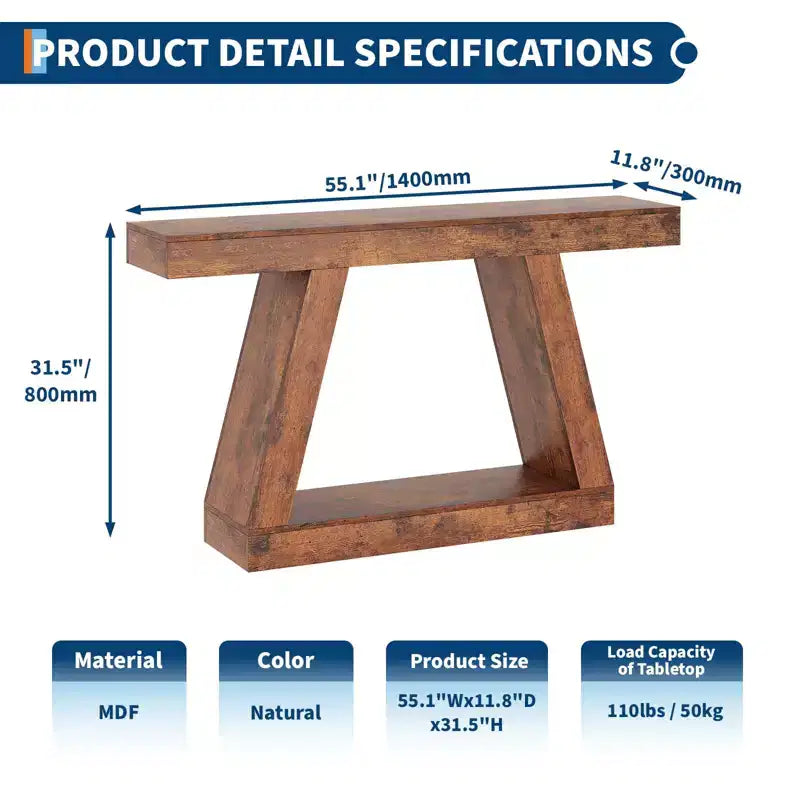 Table console de style ferme à 2 niveaux avec étagères de rangement ouvertes