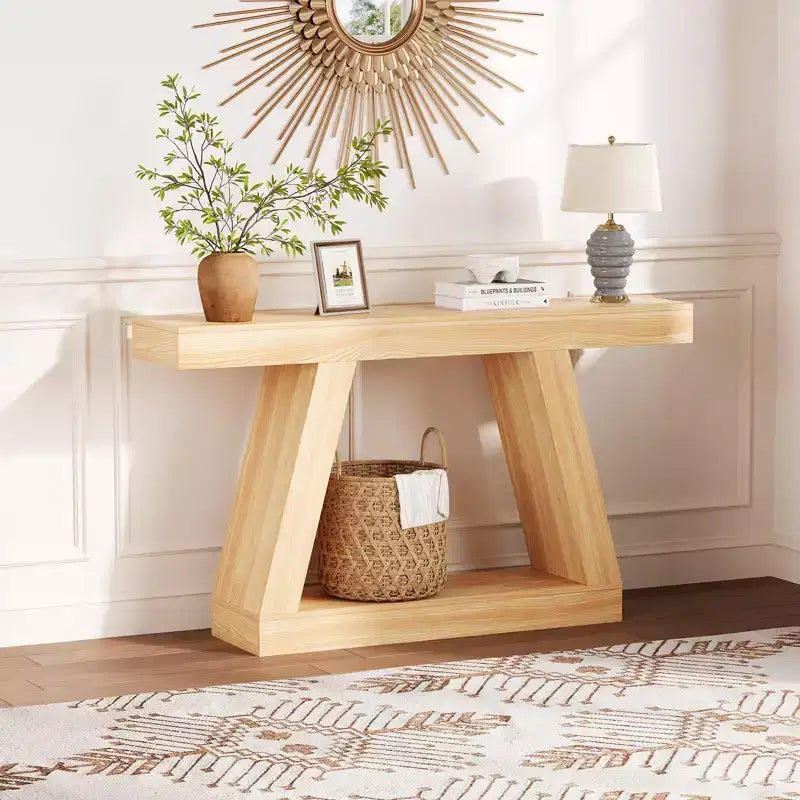 Table console de style ferme à 2 niveaux avec étagères de rangement ouvertes