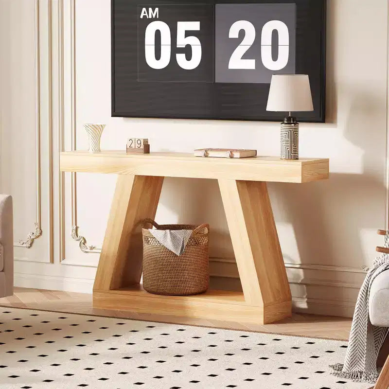 Table console de style ferme à 2 niveaux avec étagères de rangement ouvertes