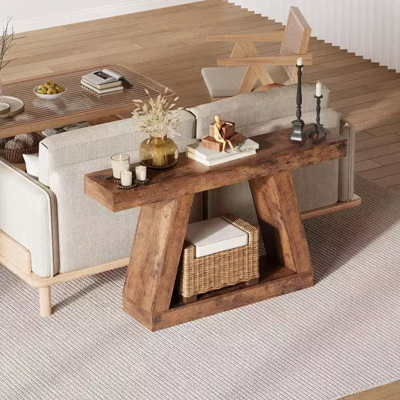 Table console de style ferme à 2 niveaux avec étagères de rangement ouvertes