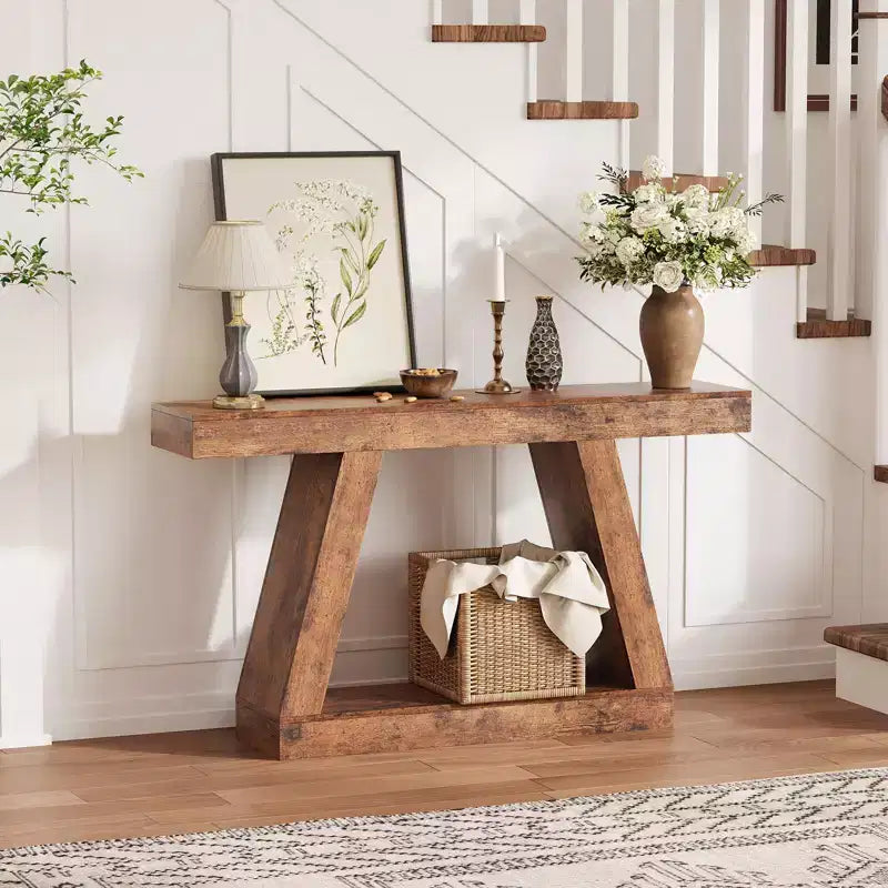 Table console de style ferme à 2 niveaux avec étagères de rangement ouvertes