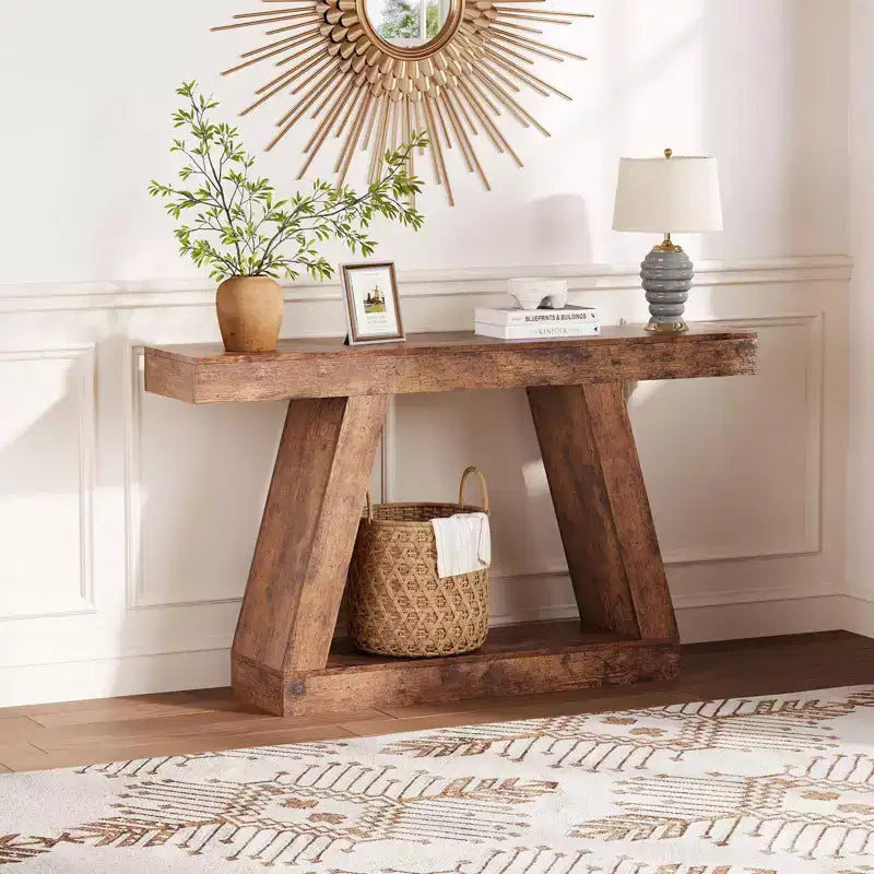 Table console de style ferme à 2 niveaux avec étagères de rangement ouvertes