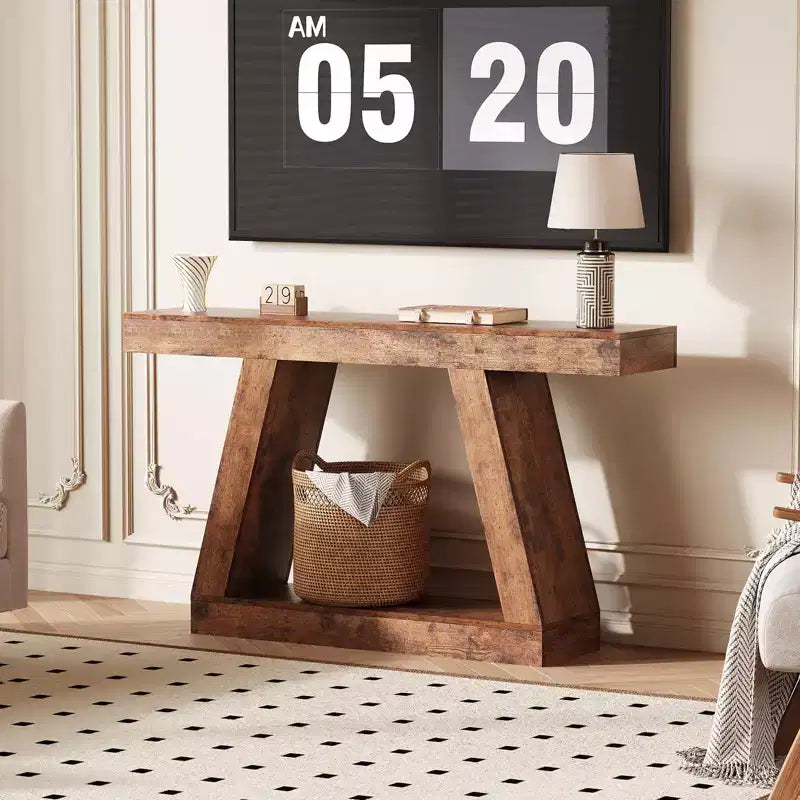 Table console de style ferme à 2 niveaux avec étagères de rangement ouvertes
