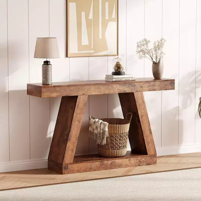 Farmhouse Console Table 2-Tier Sofa Table with Open Storage Shelves 55 Inch Industrial Wooden Entryway Table for Hallway Porch