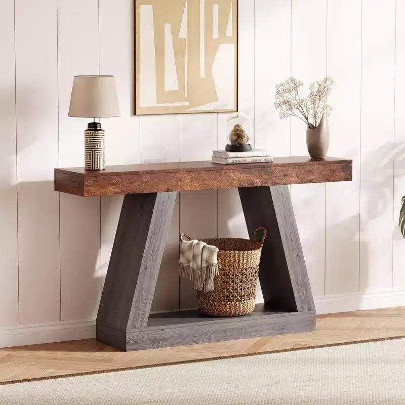 Table console de style ferme à 2 niveaux avec étagères de rangement ouvertes
