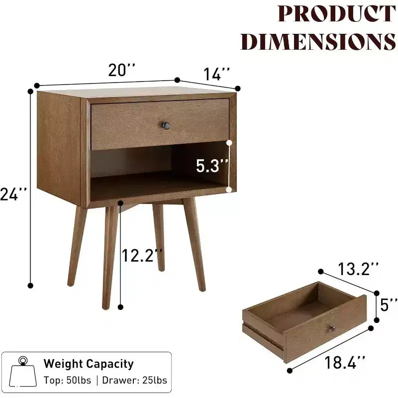 Tables de chevet modernes du milieu du siècle avec tiroir et casier ouvert en bois massif