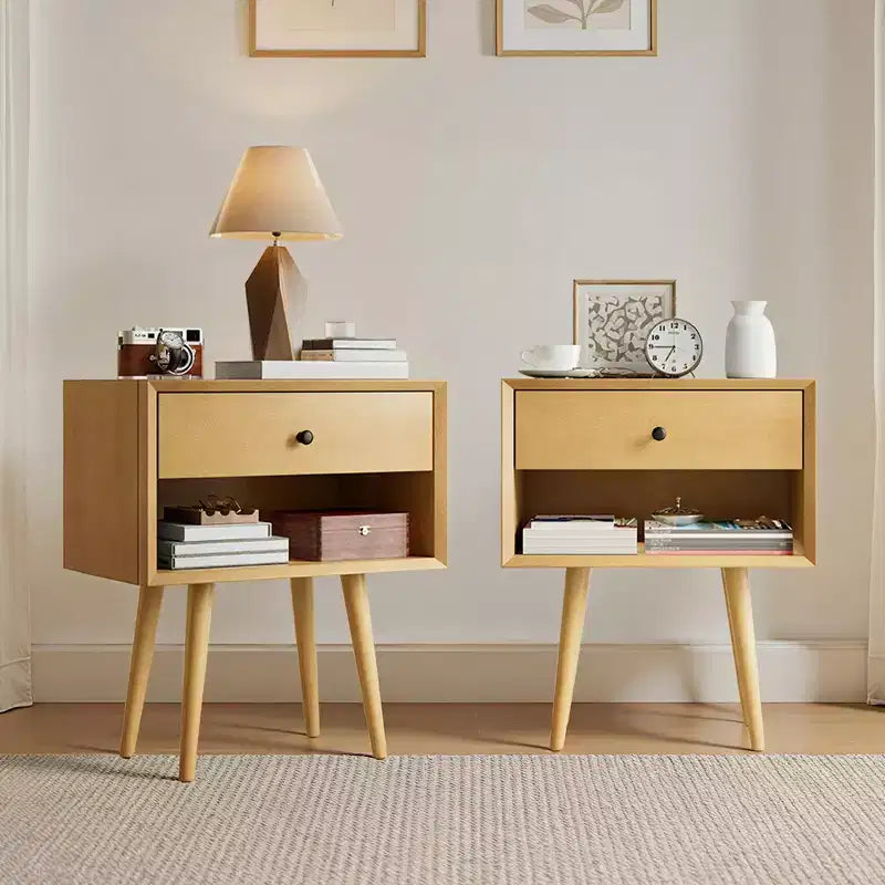AMERLIFE Solid Wood End Table Set of 2 with Drawer & Open Cubby Mid-Century Modern Nightstands for Bedroom & Living Room Fully Assembled