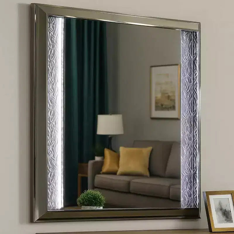 Royal Hampton Dresser Mirror 38 Inch Leaf Pattern Molding w LED Dark Gray Wood