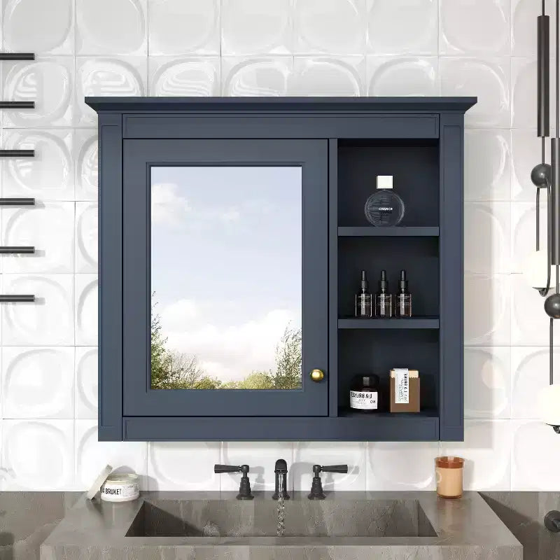 MAYEERTY 28 Medicine Cabinet Wall Mounted Bathroom Storage Cabinet with Mirror 3 Open Shelves Modern Blue