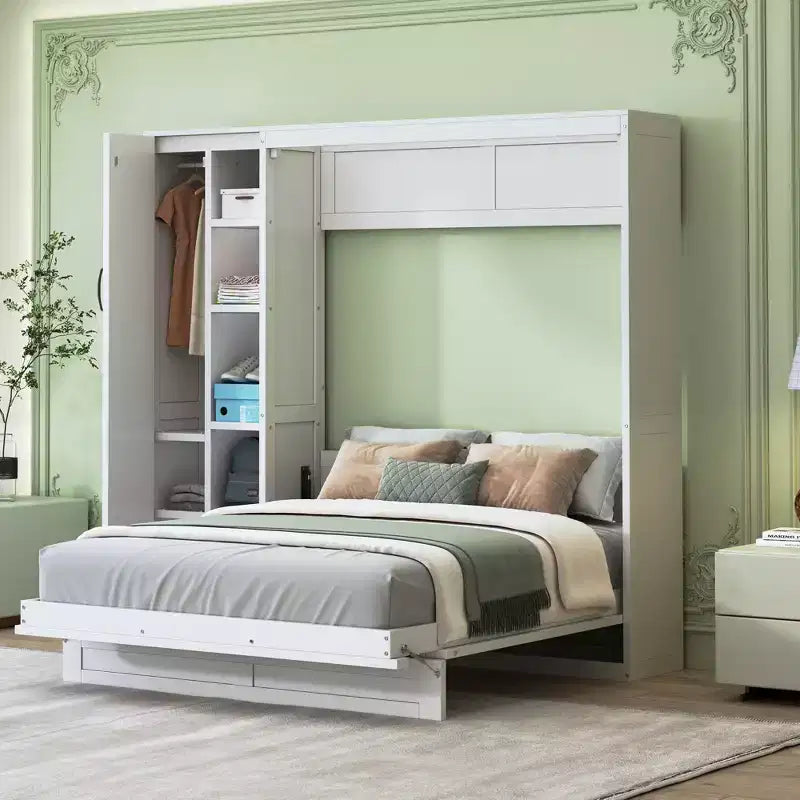 Lit mural pliant peu encombrant avec étagères, armoire et lumière LED