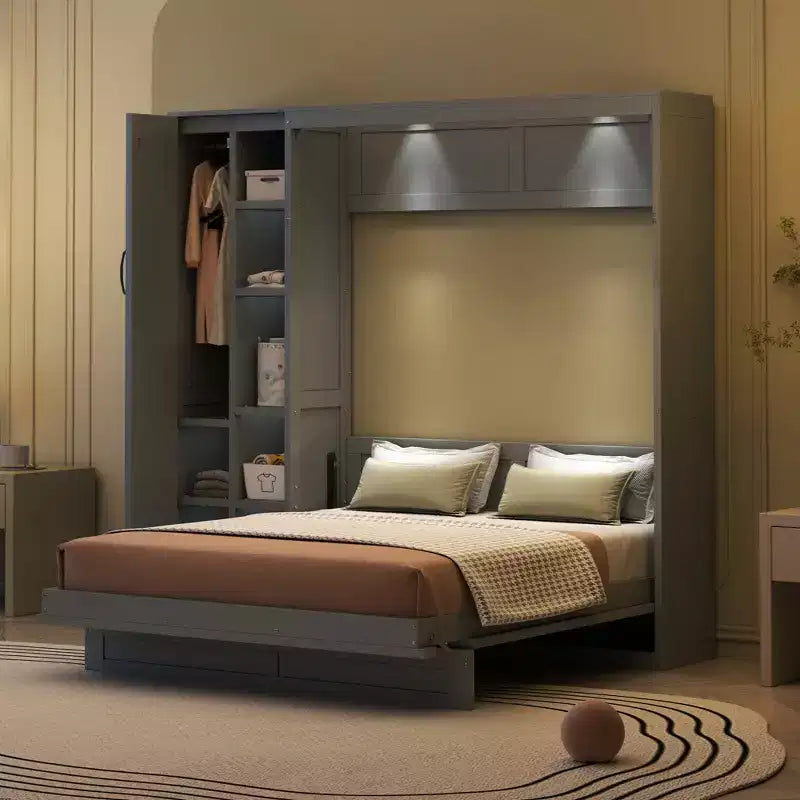 Lit mural pliant peu encombrant avec étagères, armoire et lumière LED