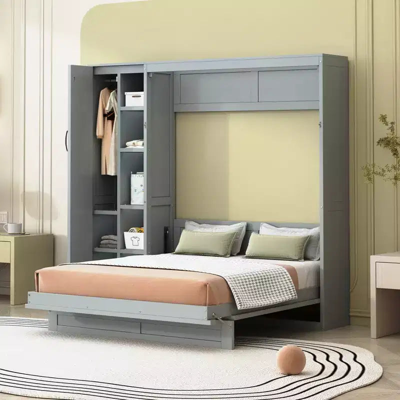 Lit mural pliant peu encombrant avec étagères, armoire et lumière LED