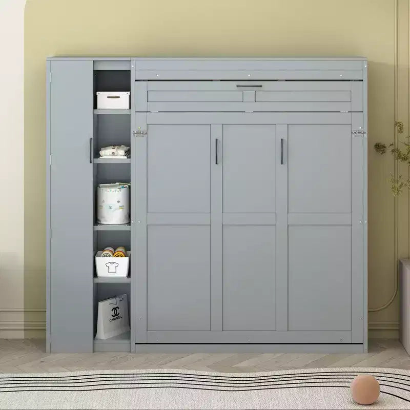 Full/Queen Size Murphy Bed Space-saving Wall Bed Foldable Bed with Shelves Wardrobe & LED Light - ModernLuxe