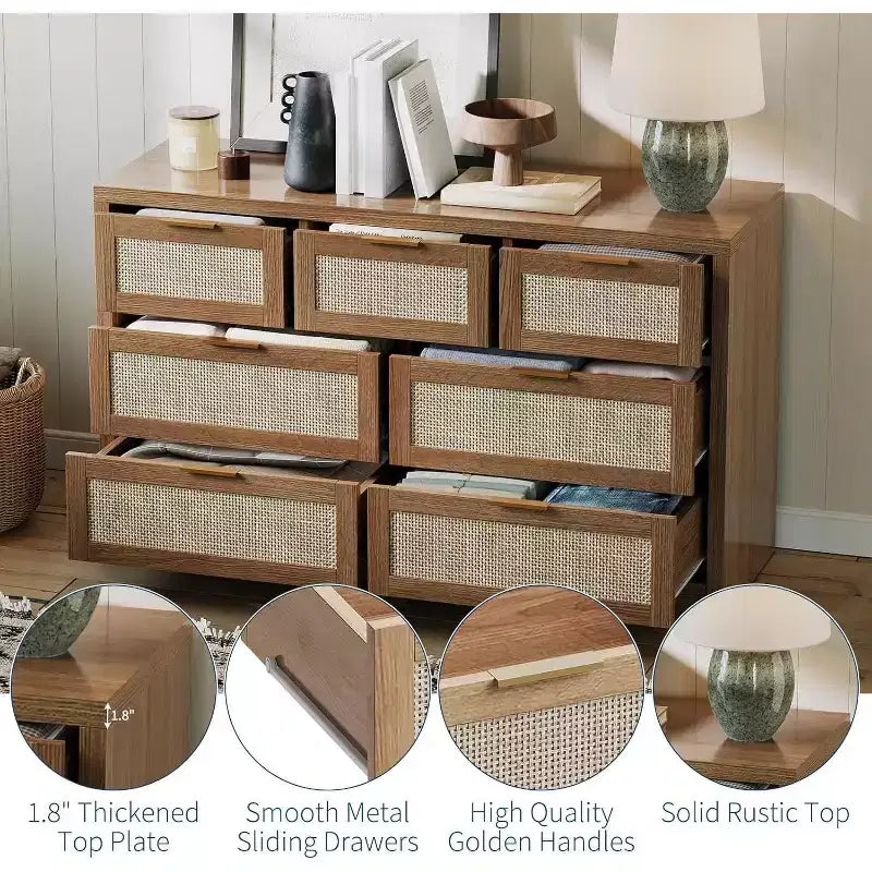 Commode large à 7 tiroirs en bois de rotin pour chambre à coucher, style fermier