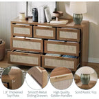 Commode large à 7 tiroirs en bois de rotin pour chambre à coucher, style fermier